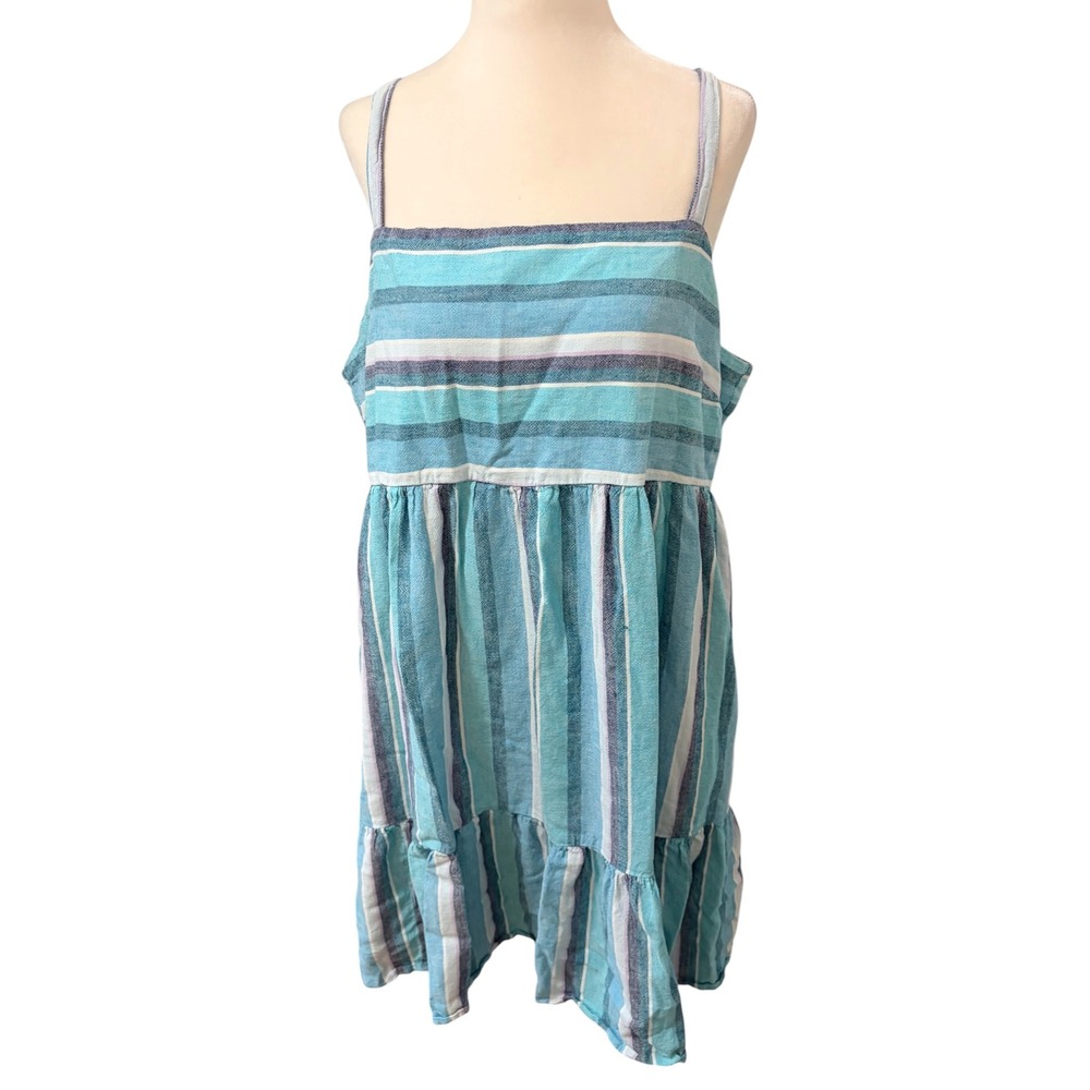 FarWest Striped Linen Blend Plus Size XXL Babydoll Mini Sun Dress Turquoise - Picture 2 of 8